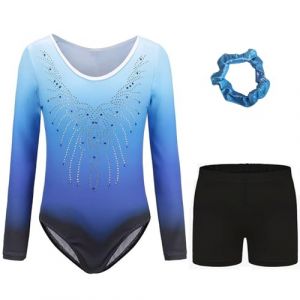 Kiscorpse Justaucorps de Gymnastique pour Filles Trois Pi&egrave;ces Maillots de Gymnastique Gymnastique &agrave; Manches Longues avec Short et Bandeau Ballet Dancewear (Bleu-manches longues, 9-10 ans) (ZHENCHI-EU, neuf)