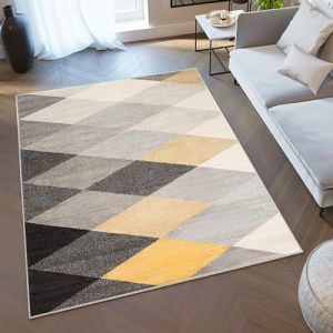 TAPISO Lazur Tapis Poil Ras Moderne Gris Jaune Cr&egrave;me Noir G&eacute;om&eacute;trique Motif Losanges Tapis Salon Chambre Adulte Salle &agrave; Manger Bureau Oeko-TEX R&eacute;sistant 140 x 190 cm (TAPISO-FR, neuf)