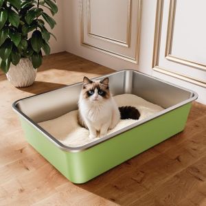 Bac Litiere pour Chat en INOX, Bac &agrave; Liti&egrave;re pour Grands Chats, Chatons et Lapins, Caisse Chat Litiere XXL, Litiere Toilette pour Maine Coon, Anti-Adh&eacute;rent, Anti-Odeurs (Vert, 60 * 40 * 15cm) (ICOYEA, neuf)