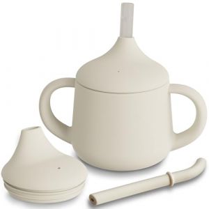 Moonkie Tasse Apprentissage Bebe 3 Etapes, Verre Bebe Apprentissage Anti Fuite, Gobelet Paille Bebe Silicone,Tasse a Bec Bebe,Tasse Bébé avec Poignées et Paille,Adapté au Lave Vaisselle 4 oz(Ivoire) (moonkie store, neuf)