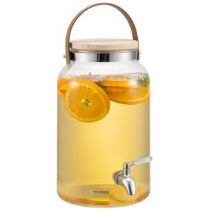 Navaris Distributeur de Boisson en Verre - Fontaine 5,6L avec Robinet Couvercle en Bois et Anse en Cuir - Carafe Eau Boissons Froides et Chaudes Max. 60&deg;C (SX-Commerce, neuf)
