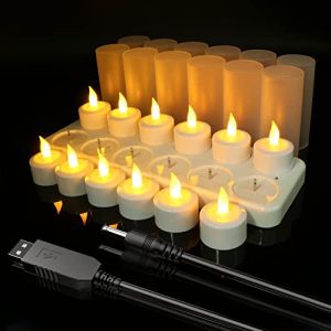 Ymenow Bougies chauffe-plat rechargeables USB, 12 bougies rechargeables LED Bougies à piles sans flamme avec station de charge, câble USB et tasses à bougies pour maison Thanksgiving Noël décorations (Ymenow Direct, neuf)