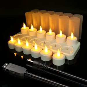 Bougies chauffe-plat rechargeables USB, Ymenow 12 bougies rechargeables LED Bougies à piles sans flamme avec station de charge, câble USB et tasses à bougies pour maison Thanksgiving Noël décorations (Ymenow Direct, neuf)