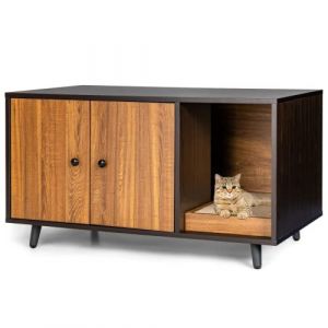 GOPLUS Maison de Toilette pour Chat en Bois Meuble de Rangement Double Portes avec Grattoir à Chat pour Salon, Entrée, Couloir, 90 x 50 x 50 CM (Augenstern24, neuf)