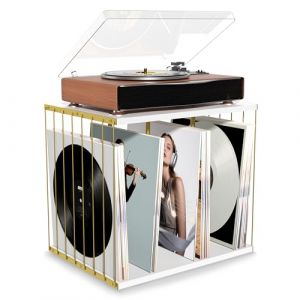 Emfogoo Caisse &agrave; vinyles en bois, support vinyles, style vintage multifonctionnel Meuble pour vinyle avec 3 compartiments, support jusqu'&agrave; 100 albums, pour salon ou bureau (blanc) (pengyingjiaju, neuf)