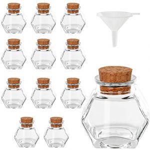 Belle Vous (Lot de 12) Pot avec Bouchon Liege en Verre de Forme Hexagonale - 45-50 ml - Mini Pot Conservation Herm&eacute;tiques & Entonnoir pour Mariage, F&ecirc;te, &Eacute;pices et Confitures (Tinyyo Europe, neuf)