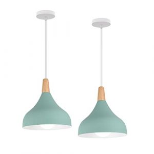 Hongho Suspension Luminaire Vintage Métal Lustre Industriel Lampes E27 Corde Ajustable Abat-jour Bois Aluminium pour Salon Cuisine Restaurant Salle à manger Chambre (vert 2pcs) (Hongho, neuf)