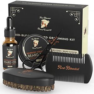 Red-Blooded kit barbe homme avec huile &agrave; barbe, baume &agrave; barbe, brosse &agrave; barbe, peigne &agrave; barbe et ciseaux &agrave; barbe. Cologne parfum&eacute;e &agrave; base d'huile de jojoba et d'huile de macadamia kit soin barbe homme (Eyles Trading Limited, neuf)