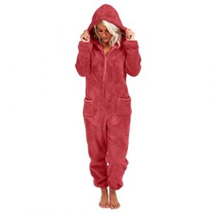 Combinaison Pyjama Femme Hiver Chaud Polaire Pyjama Pilou Pilou Femme Zipp&eacute;e &Agrave; Capuche Moelleux Combinaisons Une Pi&egrave;ce Peluche Oreilles de Chat Loungewear Grenouillere avec Poches (1-Red, S) (♛. ThriVE (✈5-10 jours d&eacute;lai de livraison✈), neuf)
