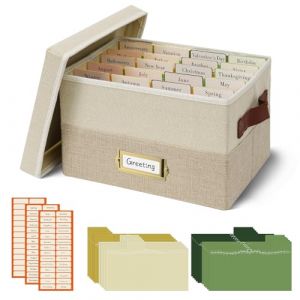 Vienrose Organisateur de Cartes de V&oelig;ux en Lin, Bo&icirc;te de Rangement Pliable avec 20 Intercalaires Amovibles et 84 &Eacute;tiquettes Autocollantes pour Photos Cartes Postales et Enveloppes (Beige) (Vienrose EU, neuf)