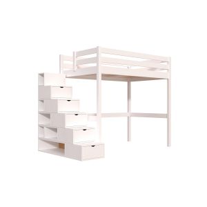 Abc Meubles - Lit mezzanine bois 120x200 Sylvia avec escalier cube - Blanc