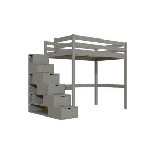 Abc Meubles - Lit mezzanine bois 120x200 Sylvia avec escalier cube - Gris