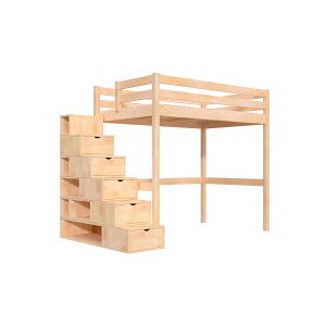 Abc Meubles - Lit mezzanine bois 120x200 Sylvia avec escalier cube - Bois Clai