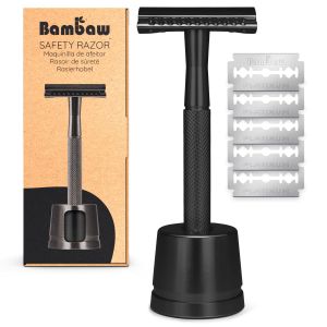 Bambaw - Rasoir de sûreté métal Noir avec socle