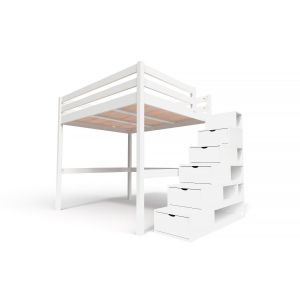 Abc Meubles - Lit Mezzanine bois 160x200 avec escalier cube Sylvia - Blanc