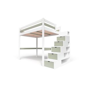Abc Meubles - Lit Mezzanine bois 160x200 avec escalier cube Sylvia - Blanc/Mok