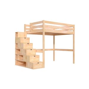 Abc Meubles - Lit mezzanine bois 140x200 Sylvia avec escalier cube - Bois Clai