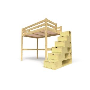 Abc Meubles - Lit mezzanine bois 120x200 Sylvia avec escalier cube - Miel