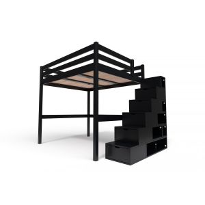 Abc Meubles - Lit Mezzanine bois 160x200 avec escalier cube Sylvia - Noir