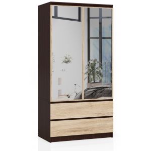 Akord - Armoire 2 Portes 2 Tiroirs 2 Miroirs Weng&eacute;/Sonoma