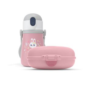 Set boîte à goûter enfants MB Gram 600 ml Rose Blush + Gourde isotherme enfant évolutive avec paille MB Stram 360ml Rose Lapin Monbento