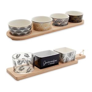 Set de 2 plateaux apéritifs bambou et porcelaine 3 et 4 coupelles Mathon
