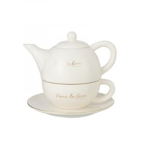 Th&eacute;i&egrave;re avec tasse et sous-tasse en porcelaine blanc 19x12x16 cm J-Line