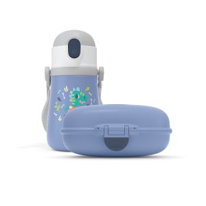 Set boîte à goûter enfants MB Gram 600 ml Bleu Infinity + Gourde isotherme enfant évolutive avec paille MB Stram 360ml Bleu Dinosaure Monbento