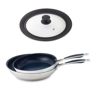 Set 2 poêles Excell'Inox et couvercle multi-diamètres Mathon
