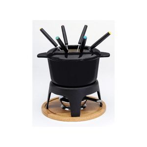 Service à fondue fonte noir avec plateau bois - 6 pers. Baumalu