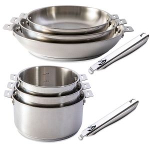 Lot 3 casseroles et 3 po&ecirc;les tout inox Clips'Inox et 2 manches amovibles Mathon