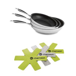 Lot 3 poêles inox anti-adhérentes Excell'Inox 20, 24 et 28 cm et 3 feutrines Mathon