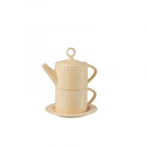 Th&eacute;i&egrave;re avec tasse et sous-tasse en c&eacute;ramique rose dor&eacute; 18x15x22 cm J-Line
