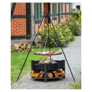 Grille barbecue sur trépied + Brasero avec range bois SOLAFA en acier--Ø 50 cm-Ø 60 cm- Cook King