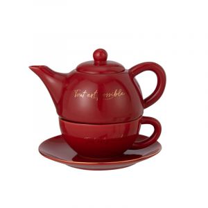 Th&eacute;i&egrave;re avec tasse et sous-tasse en porcelaine rouge 19x12x16 cm J-Line