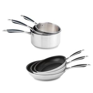 Batterie de cuisine Excell'inox 3 poêles inox revêtu et 3 casseroles inox Mathon