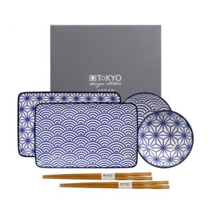 NIPPON BlUE - 4 assiettes avec baguettes chinoises
