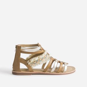 Sandale spartiate camel et dor&eacute; en cuir avec galon frang&eacute;