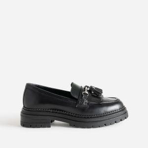 Mocassin TEXTO noir cuir &agrave; frange et pampilles