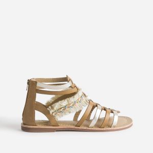 Sandale spartiate camel et dor&eacute; en cuir avec galon frang&eacute;