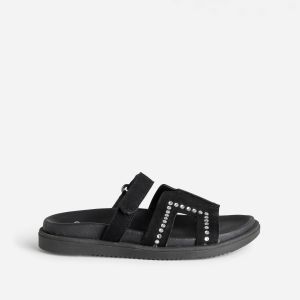 Mule TEXTO noire cuir velours d&eacute;cor strass