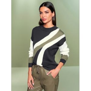 Pull encolure ronde combinaison de couleurs tendance - Rick Cardona - kaki-noir à motifs - Taille 48
