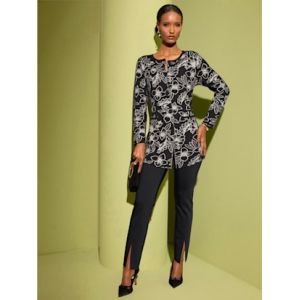 Veste en tricot jacquard 50% laine vierge - Creation L - noir-couleur champagne à motifs - Taille 38