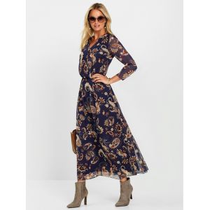 Robe longue qualit&eacute; tiss&eacute;e -  - bleu fonc&eacute; - motifs - Taille 48