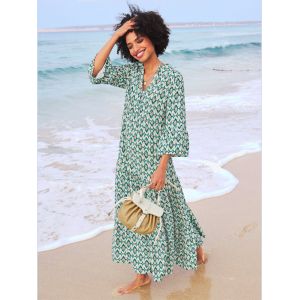 Robe longue qualité tissée - Linea Tesini - émeraude-abricot imprimé - Taille 48