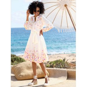 Robe en coton qualit&eacute; tiss&eacute;e - Linea Tesini - &eacute;cru-orange imprim&eacute; - Taille 38