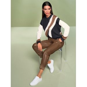 Pull encolure ronde combinaison de couleurs tendance - Rick Cardona - marron-noir &agrave; motifs - Taille 52