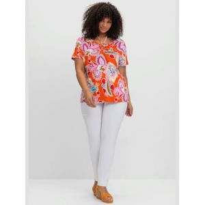 T-shirt dos nu qualit&eacute; viscose extensible souple - Sheego - corail &agrave; motifs - Taille 58/60