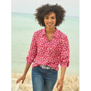 Chemisier pure viscose - Linea Tesini - rouge-&eacute;cru imprim&eacute; - Taille 46