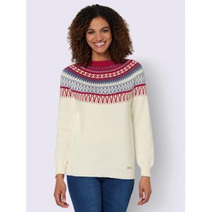 Pull en pur coton motif norv&eacute;gien en jacquard col rond - Collection L - &eacute;cru-cerise &agrave; motifs - Taille 50